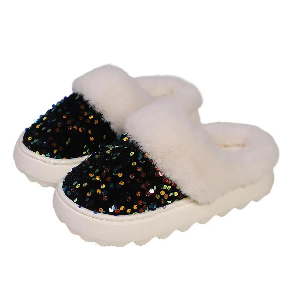 Women's Sequin Slippers Warm Plush House Slippers Non-Slip Home Slippers Comfy Winter Scuff Slippers for Indoor