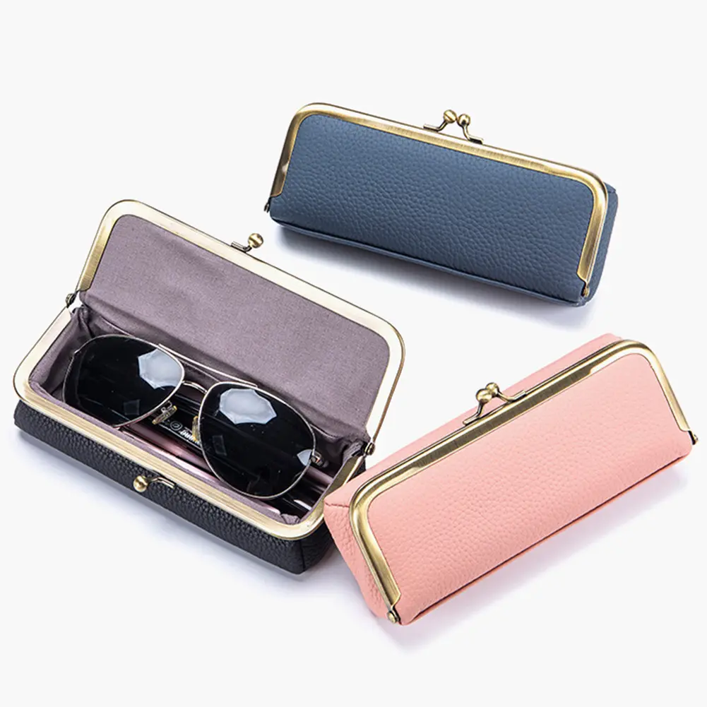 Genuine Leather Sunglasses Case Kiss Lock Eyewear Organizer Case Portable Glasses Holder Case for Outdoor Travel