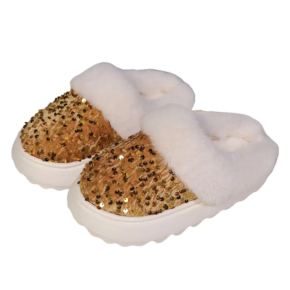 Women's Sequin Slippers Warm Plush House Slippers Non-Slip Home Slippers Comfy Winter Scuff Slippers for Indoor