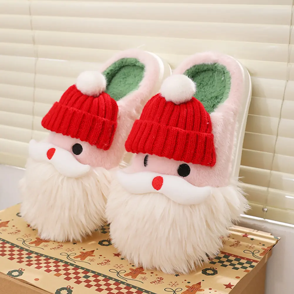 Christmas Santa Claus Slippers Fluffy Home Slippers Comfortable Cute Furry Slippers Anti Slip Soft Thick Sole Slippers for Women