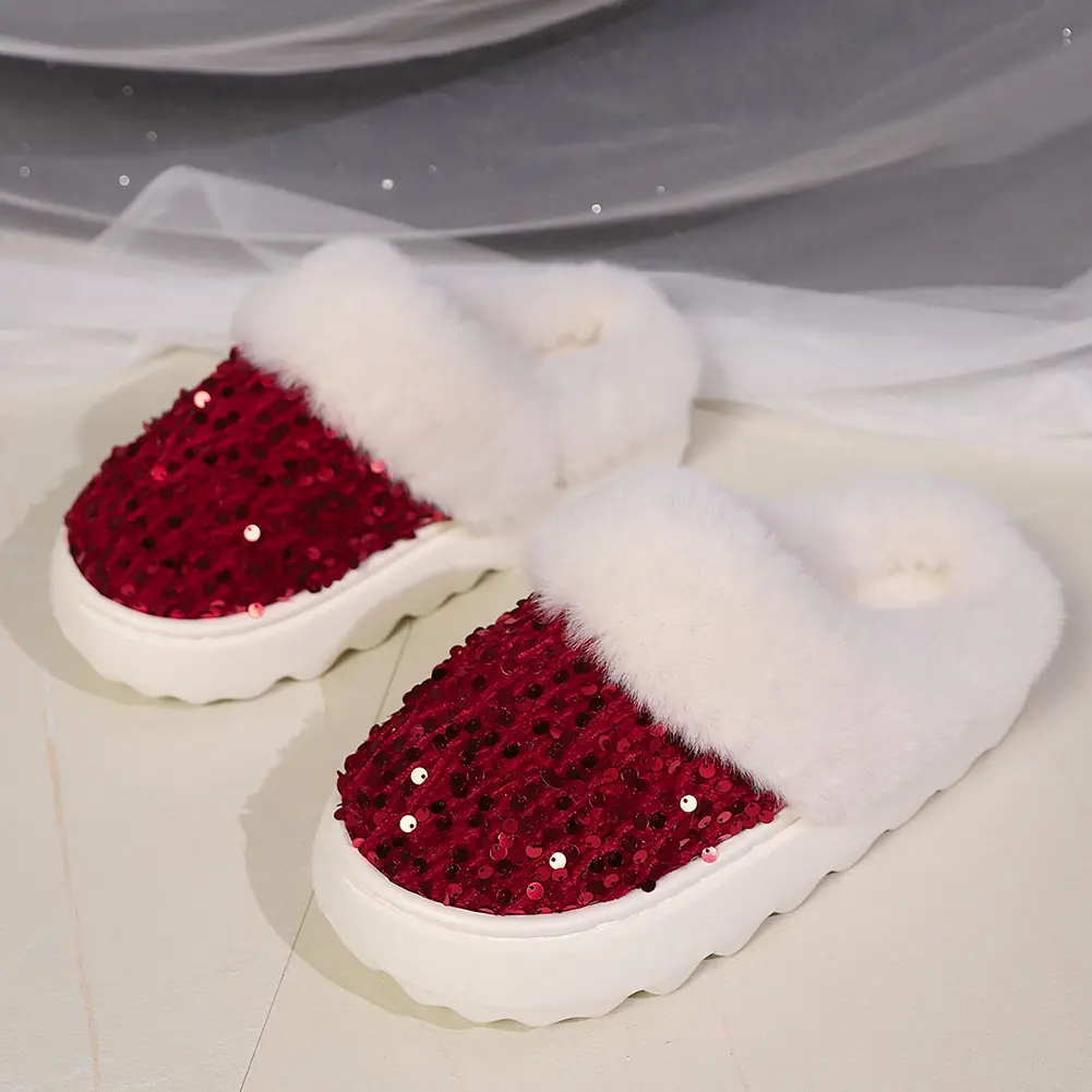 Women's Sequin Slippers Warm Plush House Slippers Non-Slip Home Slippers Comfy Winter Scuff Slippers for Indoor