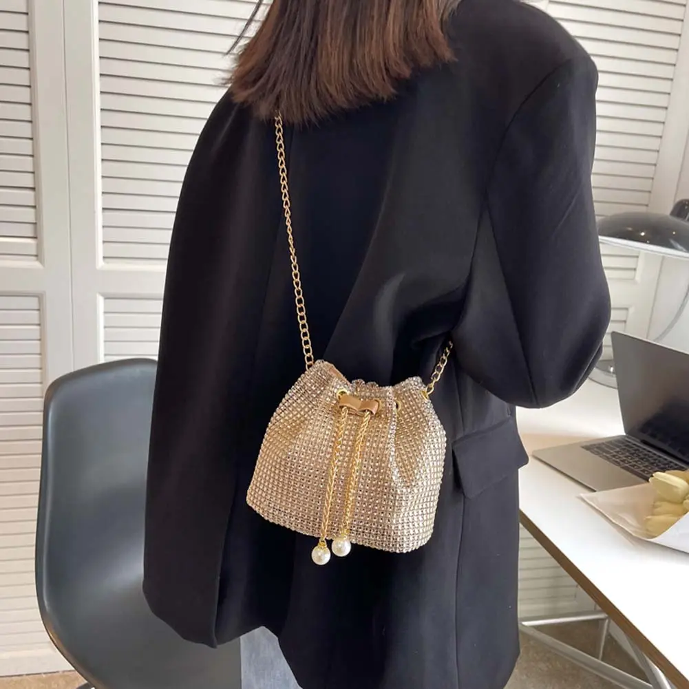 Fashion Evening Bag for Women Shiny Crossbody Bag Bling Rhinestone Bucket Shoulder Messenger Bags Ladies Glitter Handbag Purse