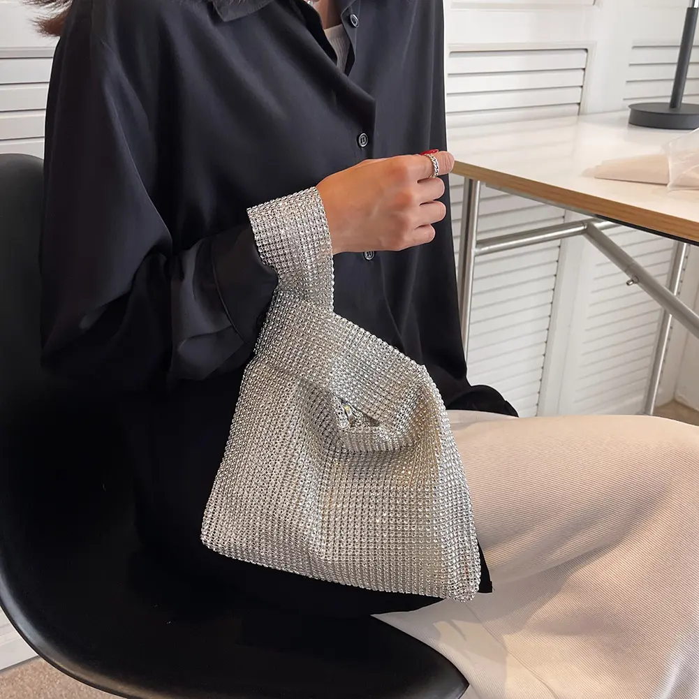 Women Crystal Bling Bag Solid Color Rhinestone Glitter Vest Purse Versatile Small Luxury Clutch Female Evening Party Handbag