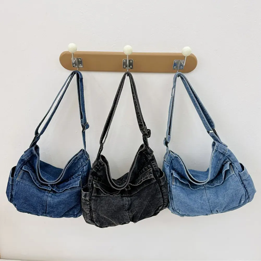 Women Casual Satchel Bag Large Capacity Denim Simple Shopping Bag Adjustable Strap Daily Tote Bag Multifunction Retro Sling Bag