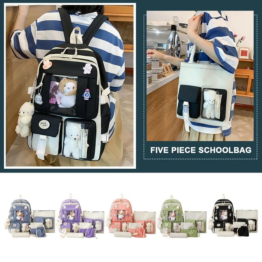 5pcs/set Kawaii Women Backpack 2023 Korean Cute Student Large Capacity Schoolbag New Korean Girls School Travel Knapsack Backbag