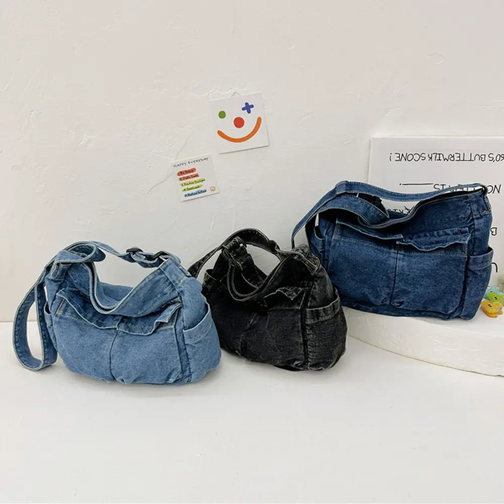 Women Casual Satchel Bag Large Capacity Denim Simple Shopping Bag Adjustable Strap Daily Tote Bag Multifunction Retro Sling Bag
