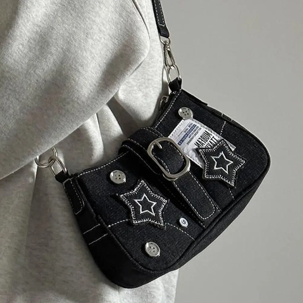 Women Cool Style Tote Purse Large Capacity Y2K Star Denim Underarm Bag Vintage Armpit Bag Solid Color Simple Commuting Bag