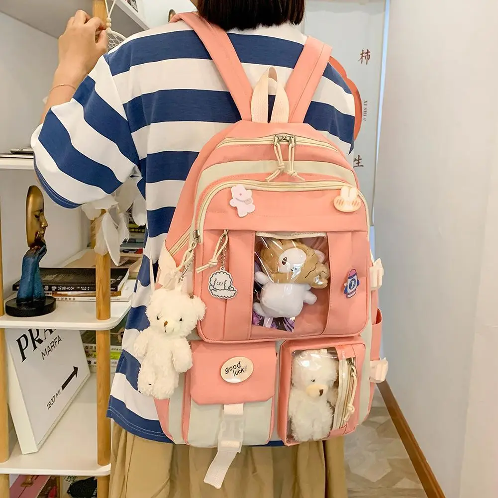 5pcs/set Kawaii Women Backpack 2023 Korean Cute Student Large Capacity Schoolbag New Korean Girls School Travel Knapsack Backbag