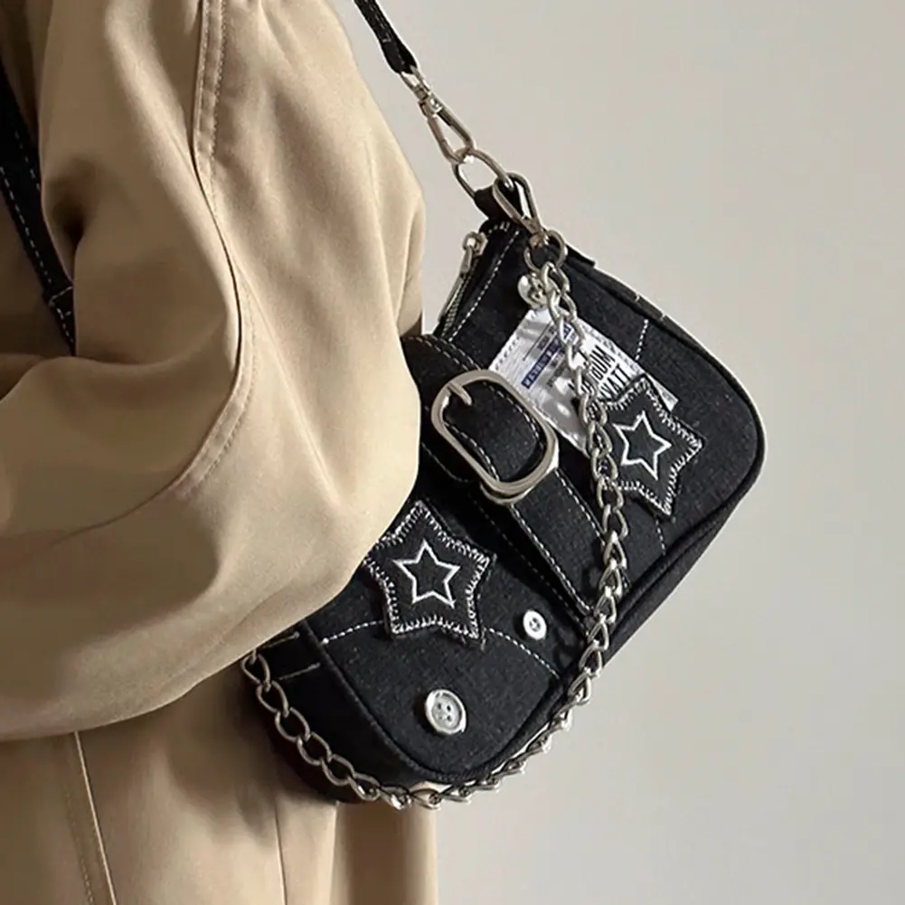 Women Cool Style Tote Purse Large Capacity Y2K Star Denim Underarm Bag Vintage Armpit Bag Solid Color Simple Commuting Bag