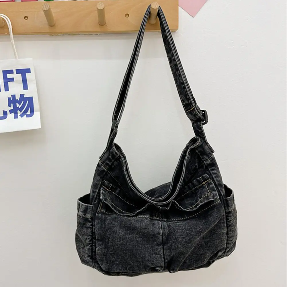 Women Casual Satchel Bag Large Capacity Denim Simple Shopping Bag Adjustable Strap Daily Tote Bag Multifunction Retro Sling Bag