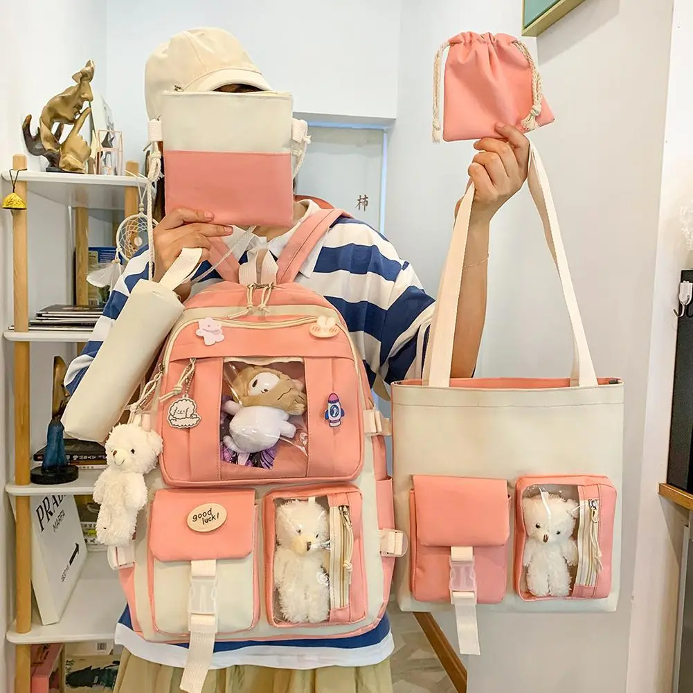 5pcs/set Kawaii Women Backpack 2023 Korean Cute Student Large Capacity Schoolbag New Korean Girls School Travel Knapsack Backbag