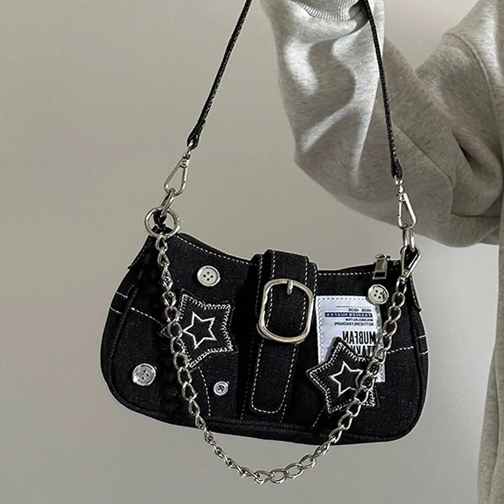 Women Cool Style Tote Purse Large Capacity Y2K Star Denim Underarm Bag Vintage Armpit Bag Solid Color Simple Commuting Bag