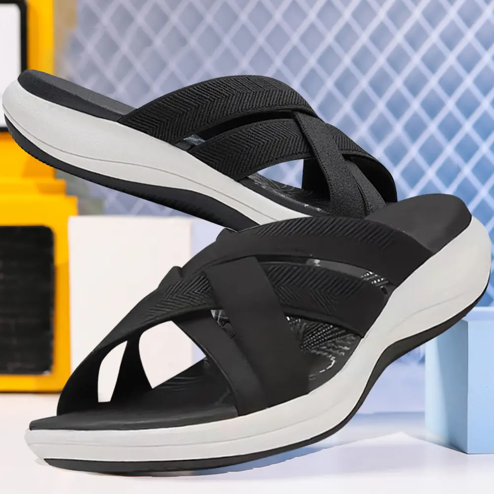 Women Slide Sandals Wide Width Cross Strap Thick Cushion Slippers Open Toe Slip On Slides Lightweight for Summer