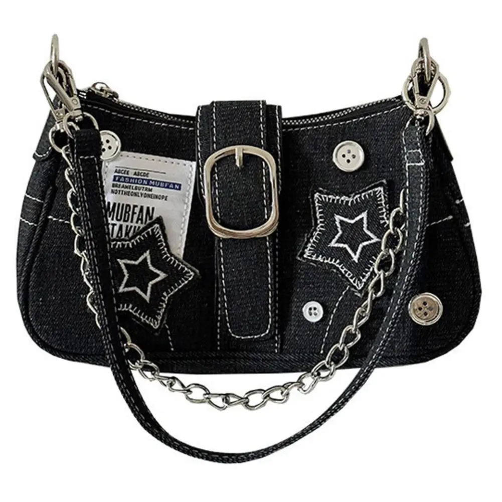 Women Cool Style Tote Purse Large Capacity Y2K Star Denim Underarm Bag Vintage Armpit Bag Solid Color Simple Commuting Bag