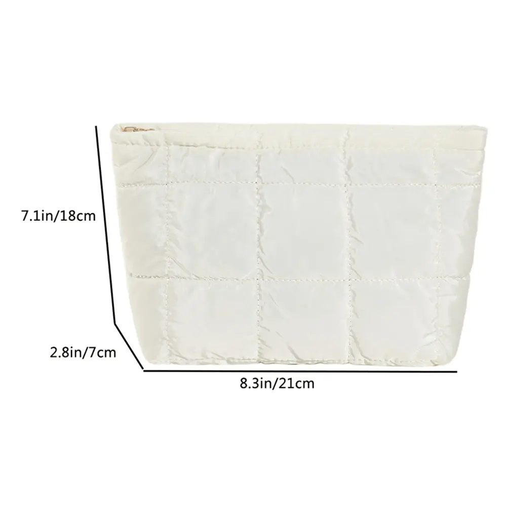 Women Cosmetic Pouch Padded Quilted Makeup Pouch Large Capacity Makeup Organizer Bag Solid Color Travel Cosmetic Bag