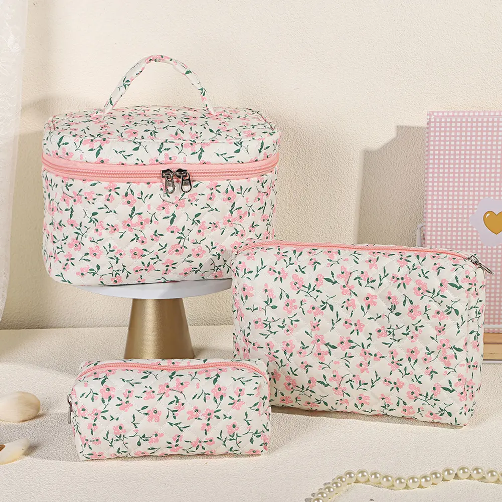 Cotton Toiletry Bag 3Pcs Makeup Bag Cute Floral Toiletry Organizer Bag Travel Cosmetic Bag for Women Girls