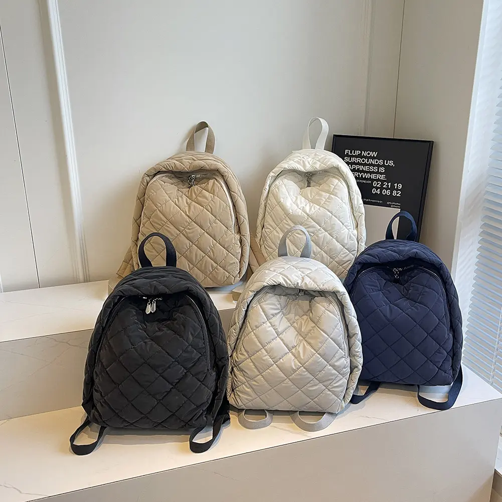 Puffer Bag for Women Men Quilted Bookbag Nylon Adjustable Strap Laptop Backpack Zipper Rucksack Travel Daypack