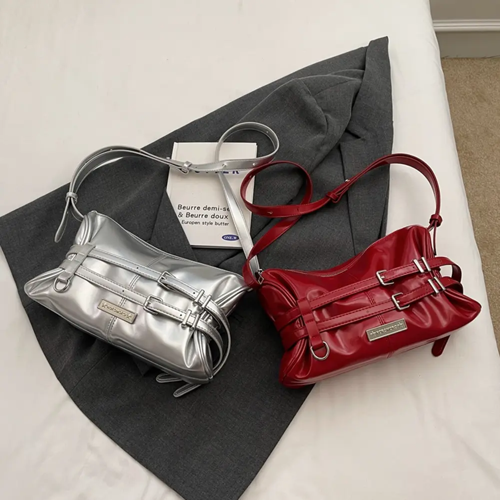 Women Crossbody Bag Double Belted Strap PU Leather Satchel Purse Solid Color Zipper Clutch Purse Travel Commuter Bag