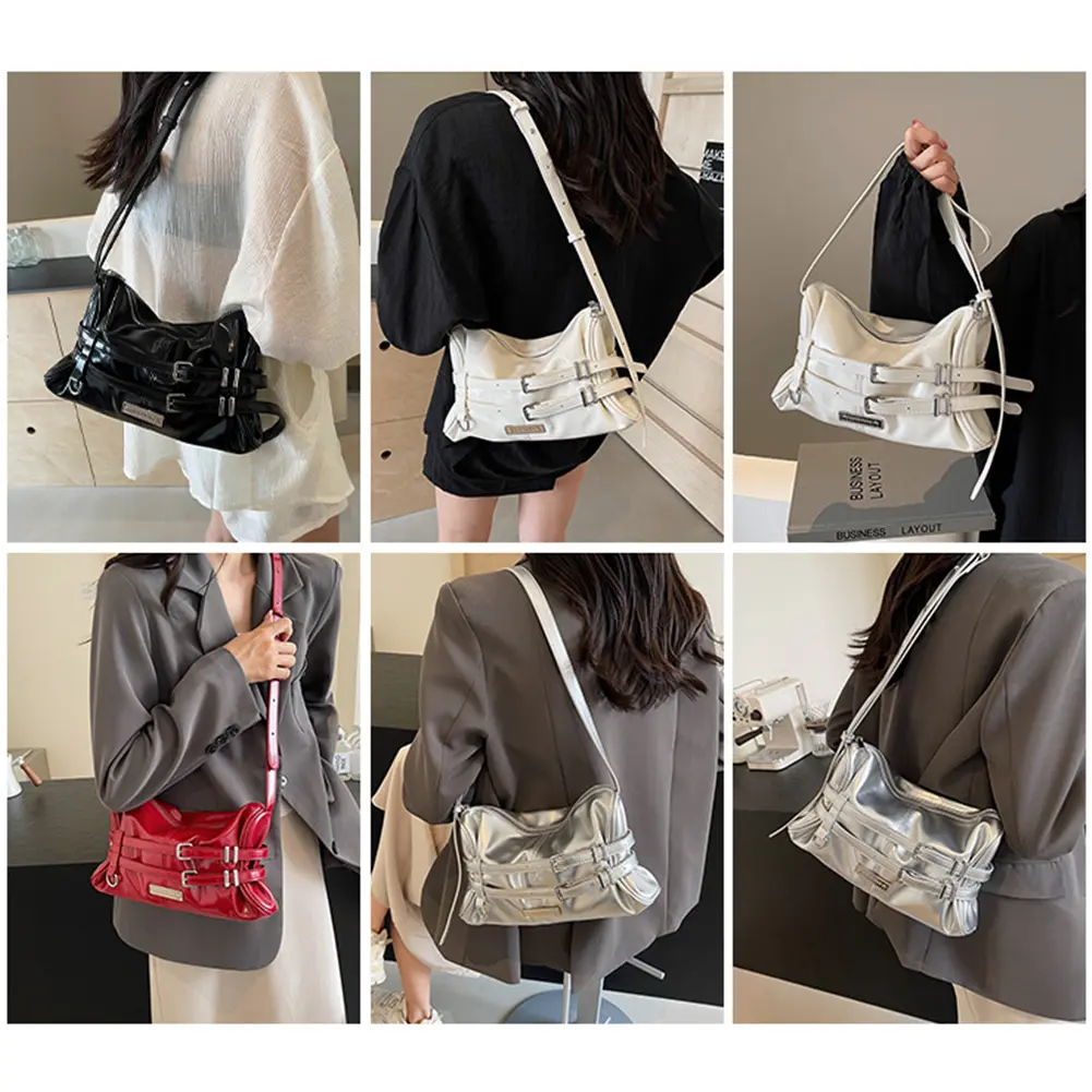 Women Crossbody Bag Double Belted Strap PU Leather Satchel Purse Solid Color Zipper Clutch Purse Travel Commuter Bag