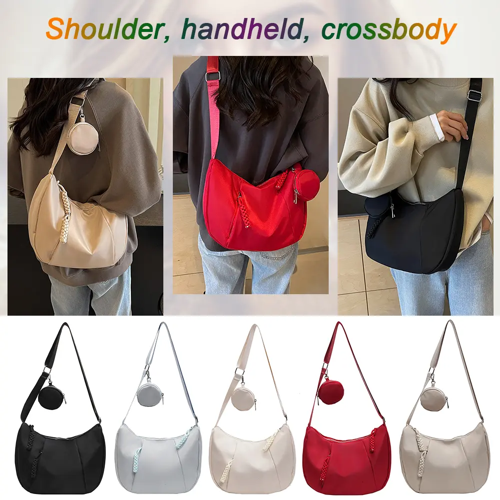 Crescent Bag for Women with Inner Pocket Hobo Bag Nylon Adjustable Strap Crossbody Bag Zipper Handbag for Work Travel