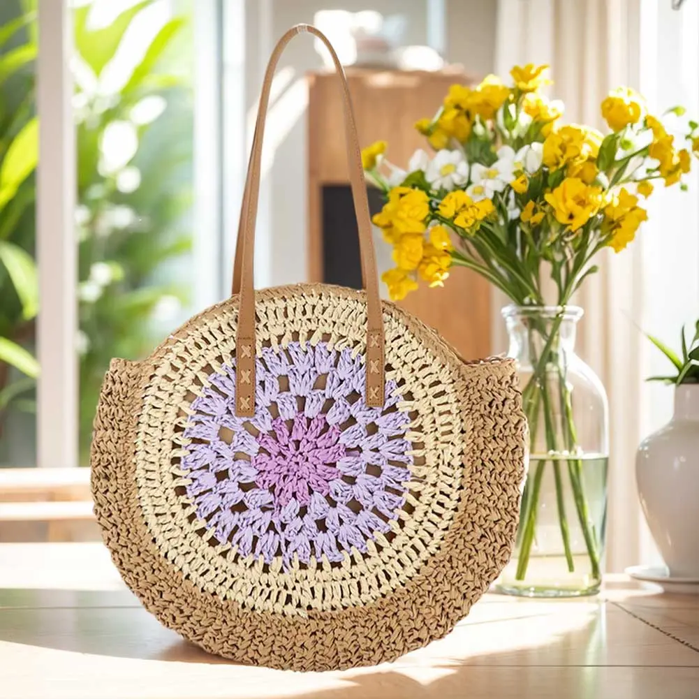 Round Casual Tote Bag with Zipper Closure Large Woven Beach Bag with Color Collision Holiday Travel Handbag for Women and Girls