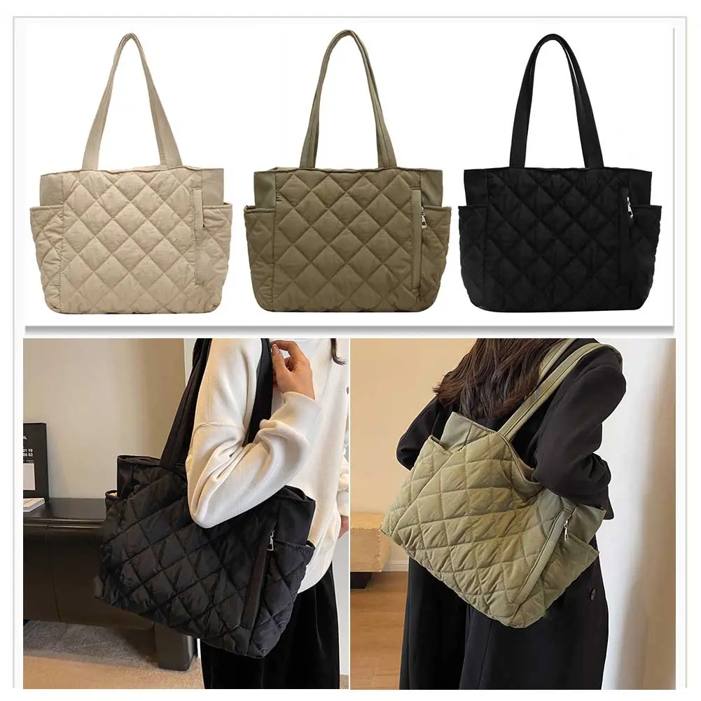 Women Down Satchel Bag Adjustable Strap Soft Sling Bag Large Capacity Top Handle Bag Diamond Quilted Tote Bag Slouchy Travel Bag