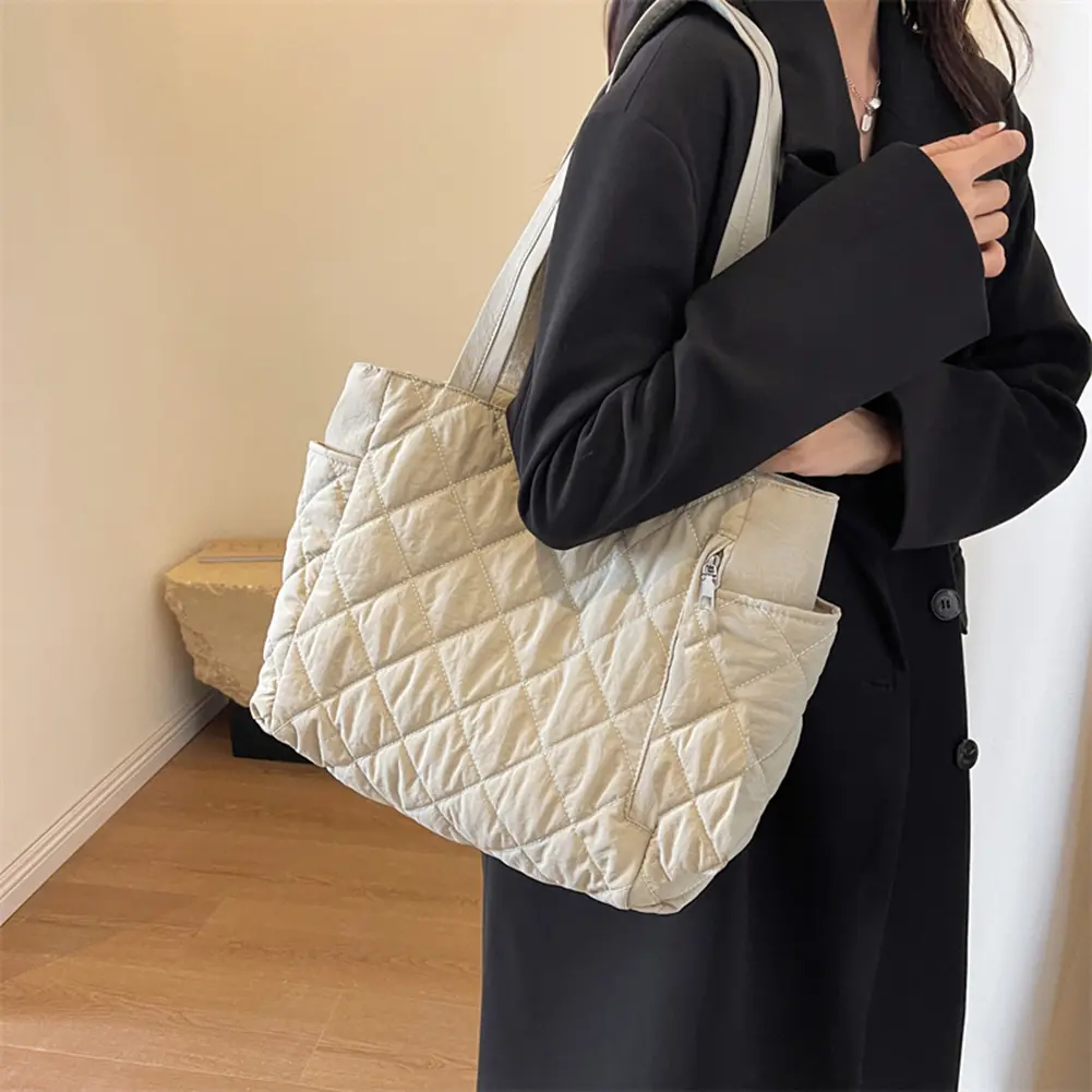 Women Down Satchel Bag Adjustable Strap Soft Sling Bag Large Capacity Top Handle Bag Diamond Quilted Tote Bag Slouchy Travel Bag