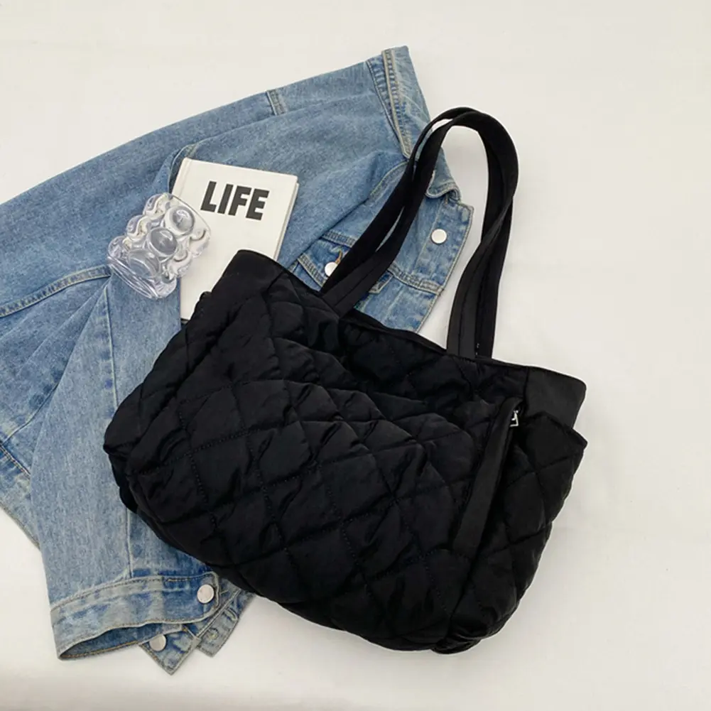 Women Down Satchel Bag Adjustable Strap Soft Sling Bag Large Capacity Top Handle Bag Diamond Quilted Tote Bag Slouchy Travel Bag