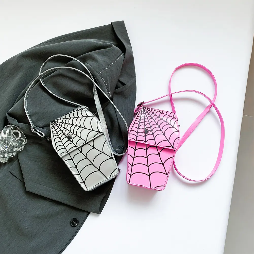 Gothic Coffin Shape Shoulder Bag for Women Spider Web Hobo Bag PU Leather Adjustable Strap for Halloween Cosplay
