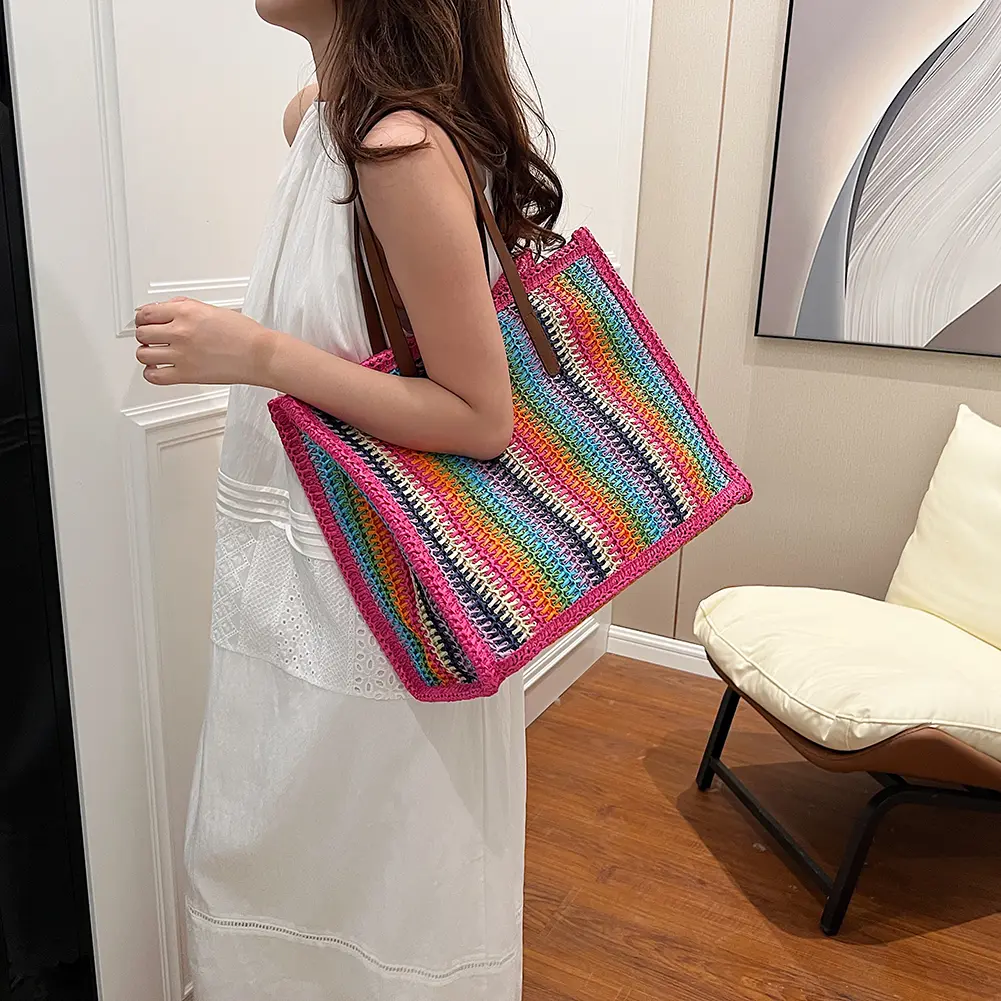 Women Striped Woven Tote Hand-Woven Tote Bag Large Capacity Straw Woven Handbag Handwoven Straw Bag Summer Beach Bag