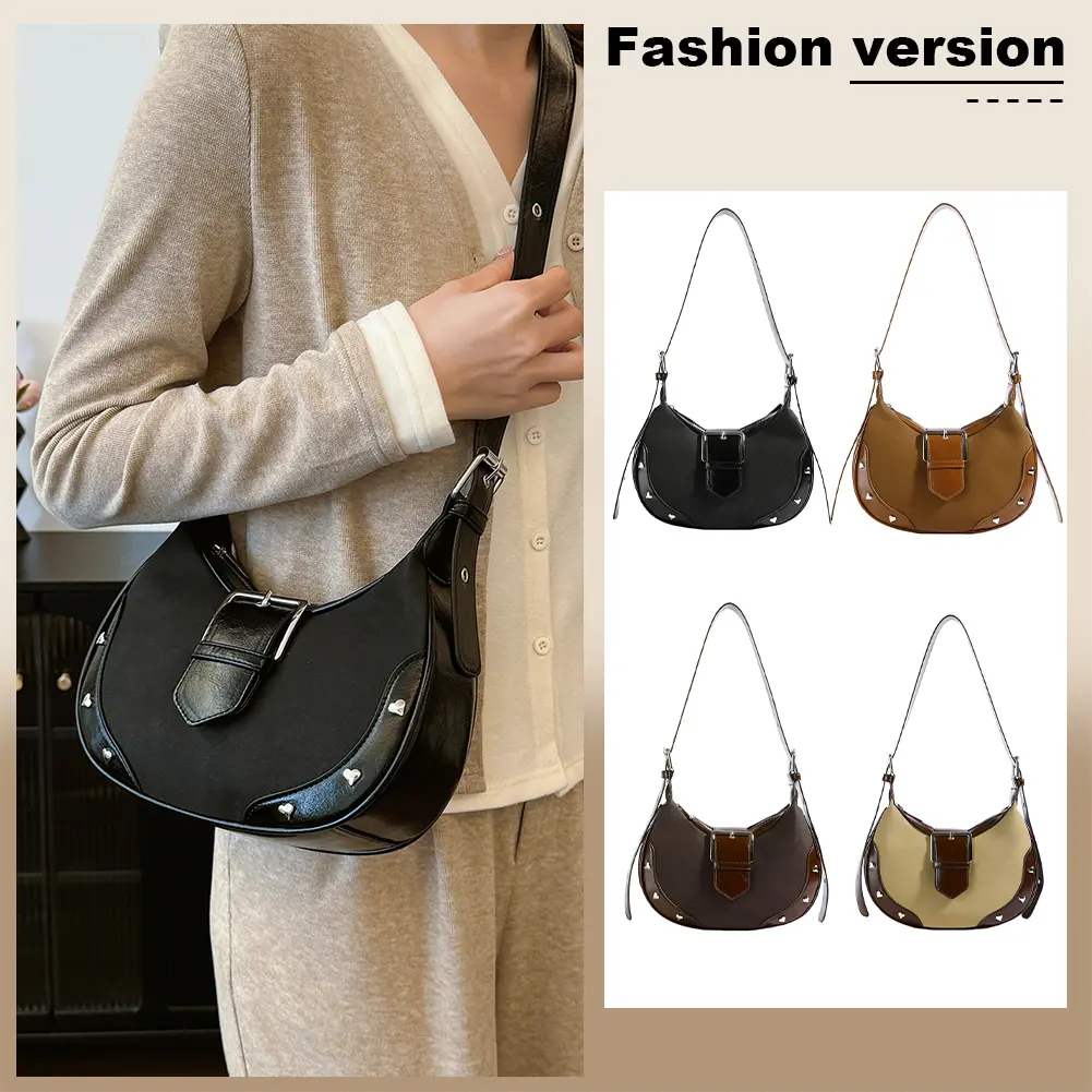 Shoulder Bag for Women with Rivet Underarm Bag PU Leather Adjustable Strap Crescent Bag with Inner Pocket Work Travel Bag