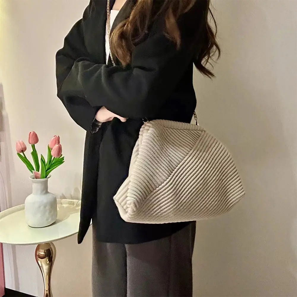 Women Evening Clutch Bag Corduroy Evening Purse Large Capacity Soft Clutch Handbag Chain Strap Chic Hobo Bag Simple Satchel Bag