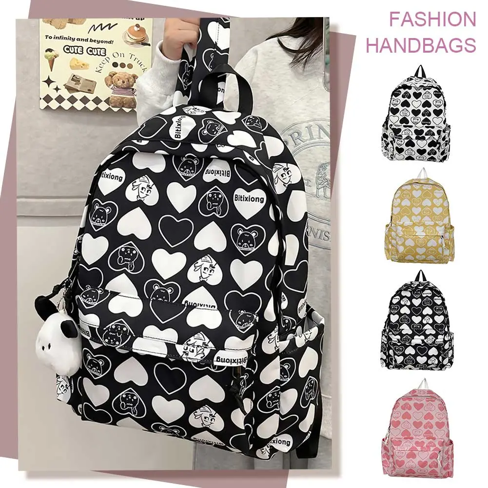 School Bag for Students Heart Pattern Daypack Nylon Adjustable Strap Book Bag Large Capacity Rucksack