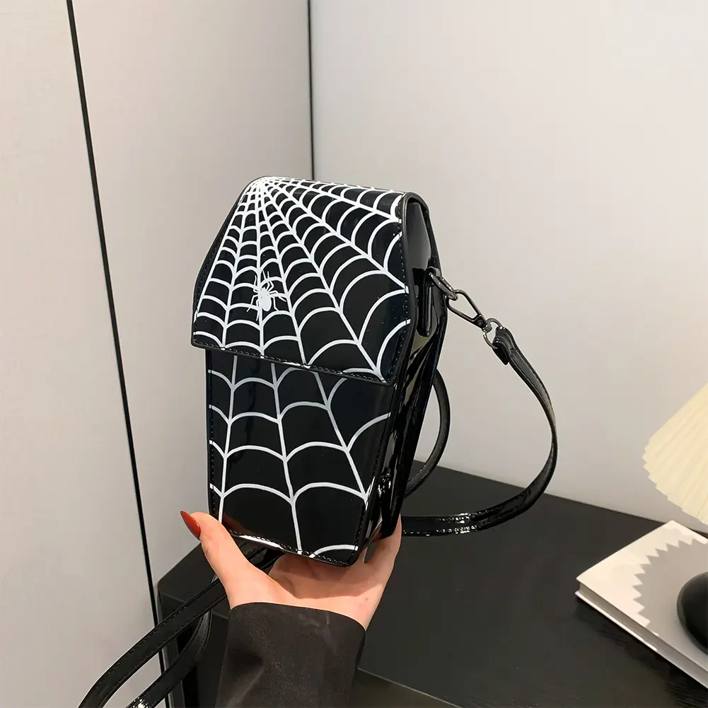 Gothic Coffin Shape Shoulder Bag for Women Spider Web Hobo Bag PU Leather Adjustable Strap for Halloween Cosplay
