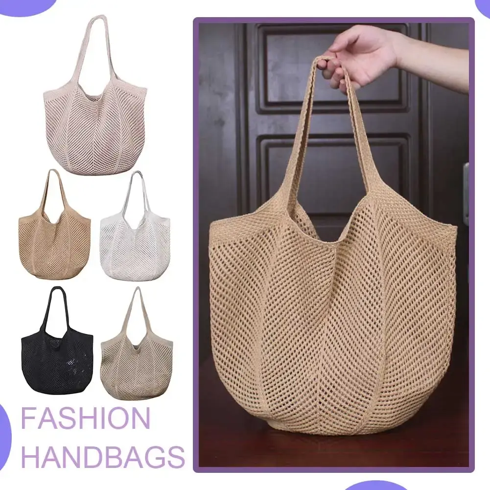 Women Knitted Tote Handbag Hollow Out Knitting Shopping Handbag Large Capacity Crochet Grocery Bag Ladies Daily Handbag