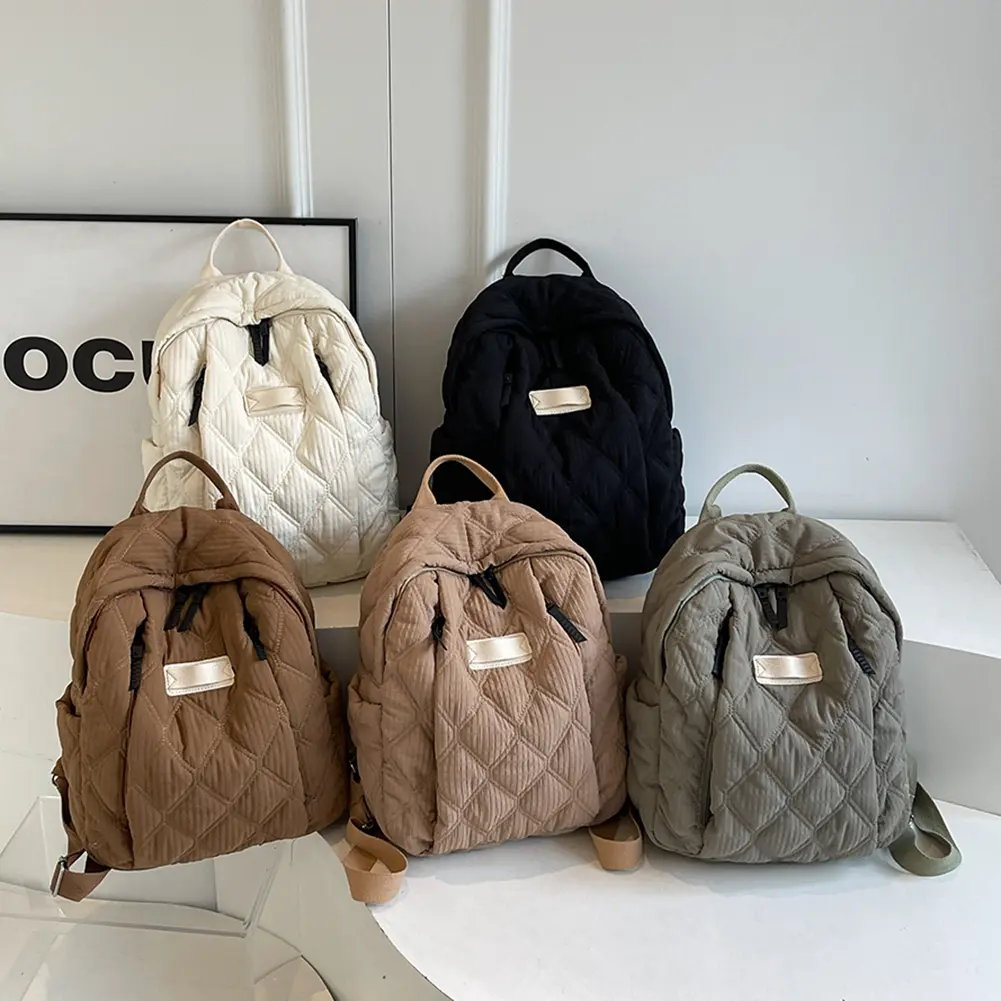 Quilted Cotton Backpack Women Adjustable Shoulder Strap School Bag Large Capacity Knapsack Zipper Book Bag
