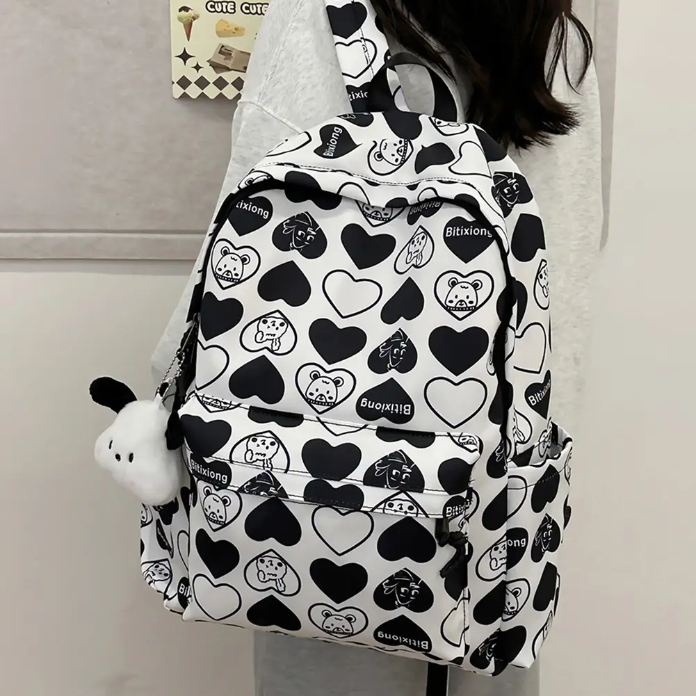 School Bag for Students Heart Pattern Daypack Nylon Adjustable Strap Book Bag Large Capacity Rucksack