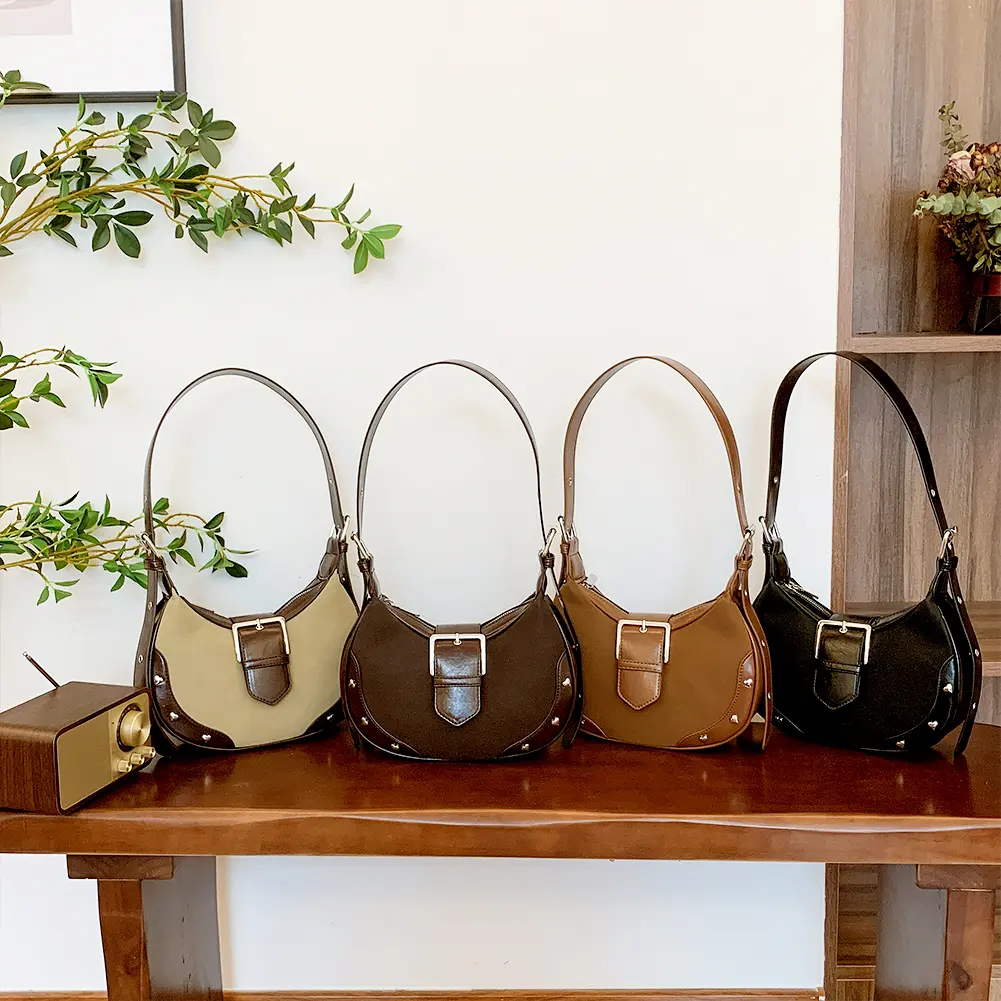 Shoulder Bag for Women with Rivet Underarm Bag PU Leather Adjustable Strap Crescent Bag with Inner Pocket Work Travel Bag