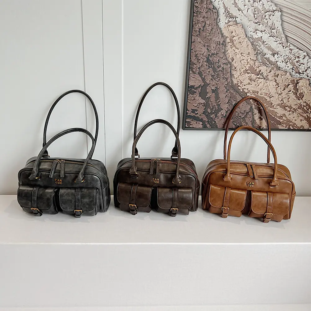 Underarm Bag PU Leather Solid Boston Tote Bag for Women with Multi-Pockets Shoulder Bag Clutch Purse for Travel Work