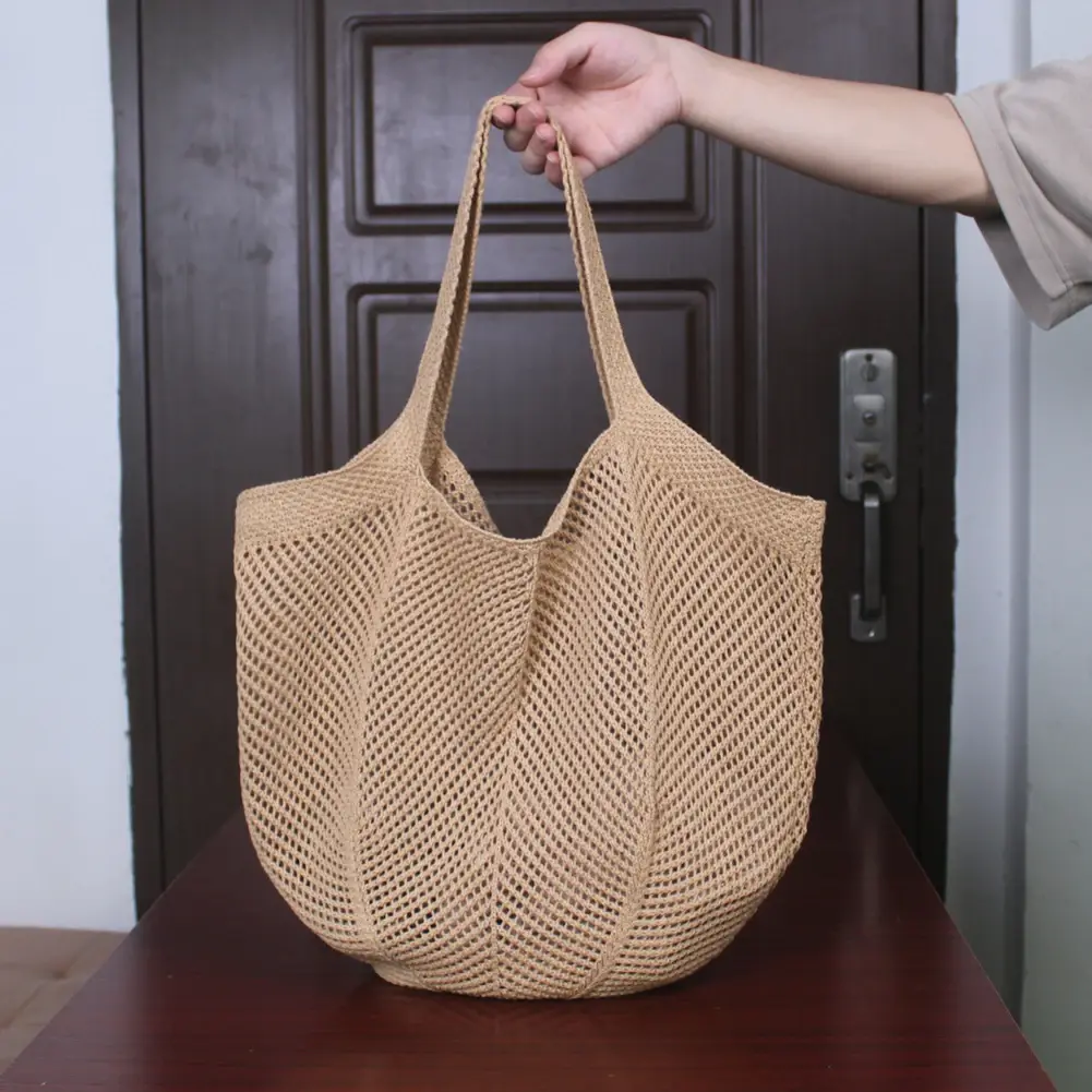 Women Knitted Tote Handbag Hollow Out Knitting Shopping Handbag Large Capacity Crochet Grocery Bag Ladies Daily Handbag