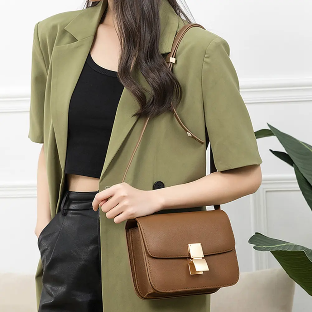 Leather Shoulder Bag for Women Small Square Bag Metal Lock Fashion Messenger Bag Luxury Designer Handbag Casual Commuting Bag
