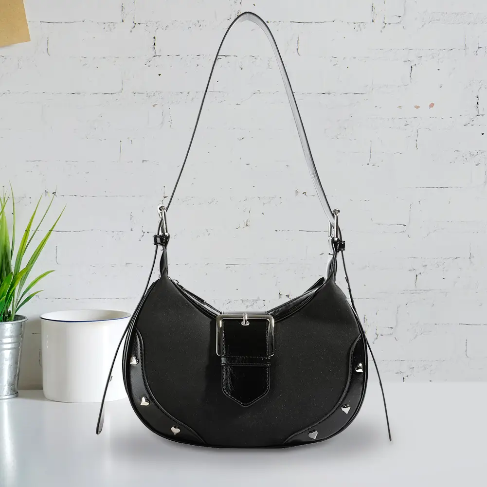 Shoulder Bag for Women with Rivet Underarm Bag PU Leather Adjustable Strap Crescent Bag with Inner Pocket Work Travel Bag