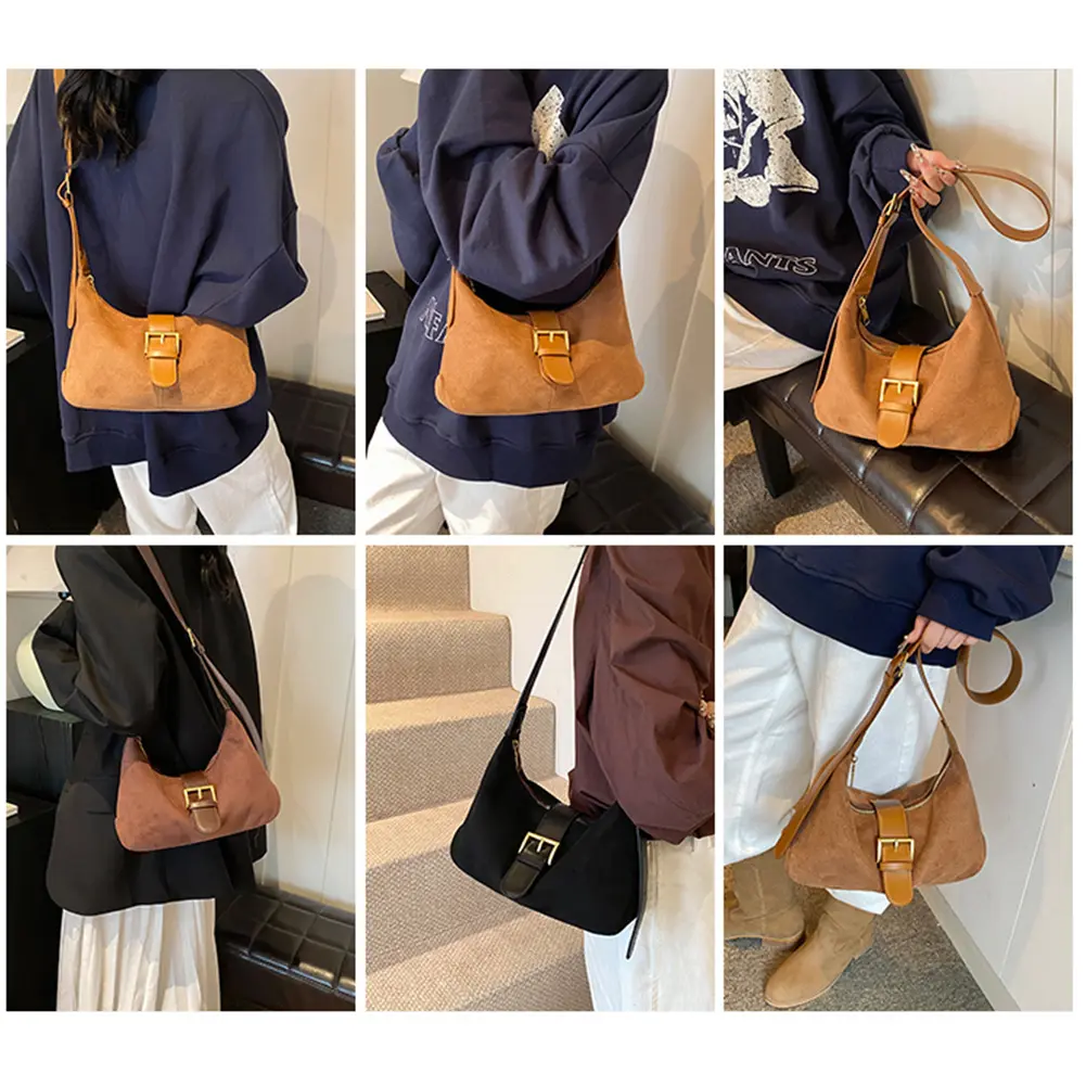 Women Suede Shoulder Bag Crescent Bag Slouchy Hobo Bag Adjustable Strap Top-Handle Bag for Work Travel