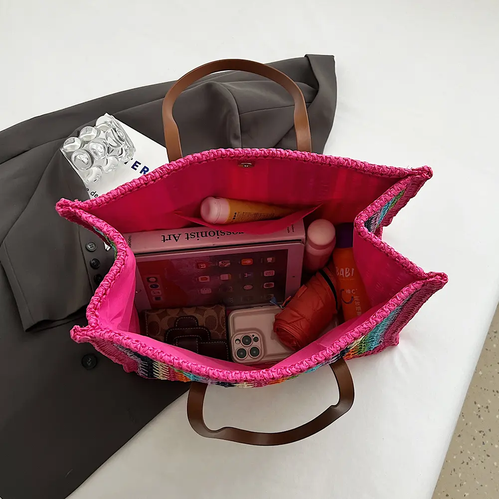Women Striped Woven Tote Hand-Woven Tote Bag Large Capacity Straw Woven Handbag Handwoven Straw Bag Summer Beach Bag