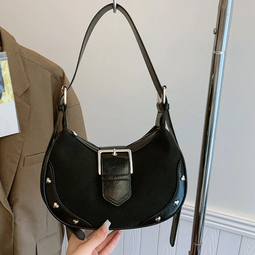 Shoulder Bag for Women with Rivet Underarm Bag PU Leather Adjustable Strap Crescent Bag with Inner Pocket Work Travel Bag