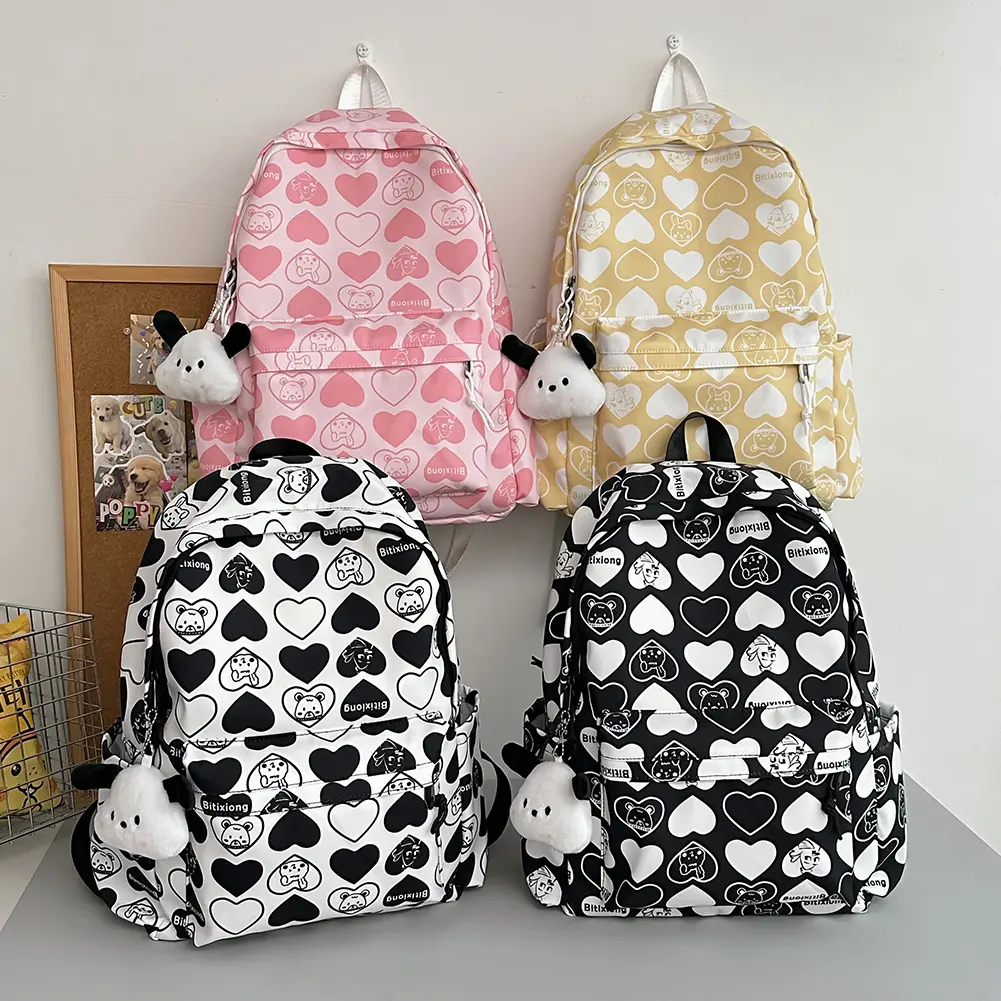 School Bag for Students Heart Pattern Daypack Nylon Adjustable Strap Book Bag Large Capacity Rucksack