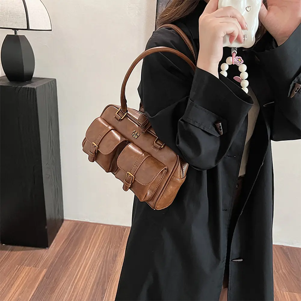 Underarm Bag PU Leather Solid Boston Tote Bag for Women with Multi-Pockets Shoulder Bag Clutch Purse for Travel Work