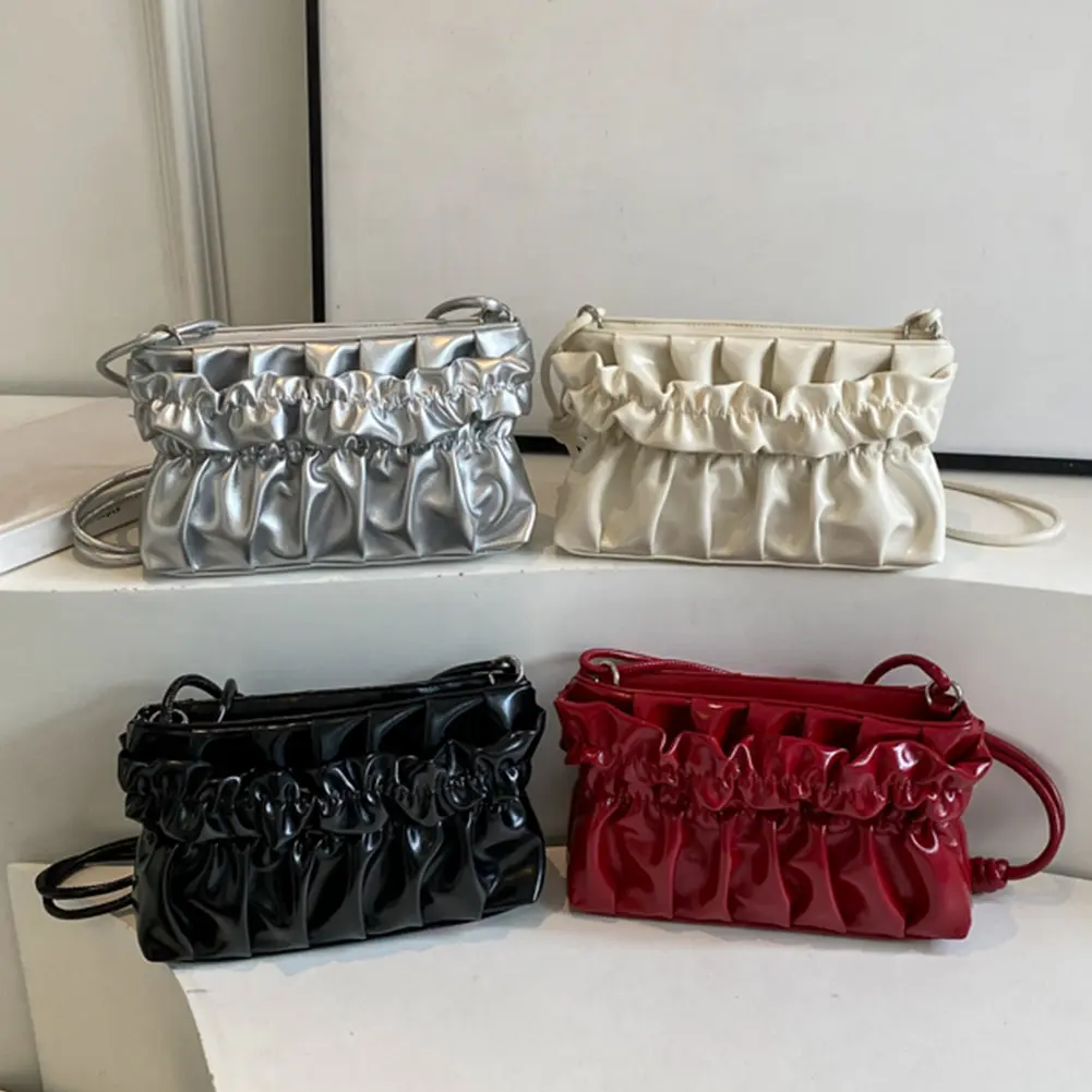 Women Shoulder Bag Adjustable Strap Square Bag Pleated PU Leather Satchel Purse Solid Color Hobo Bag for Commuting Travel