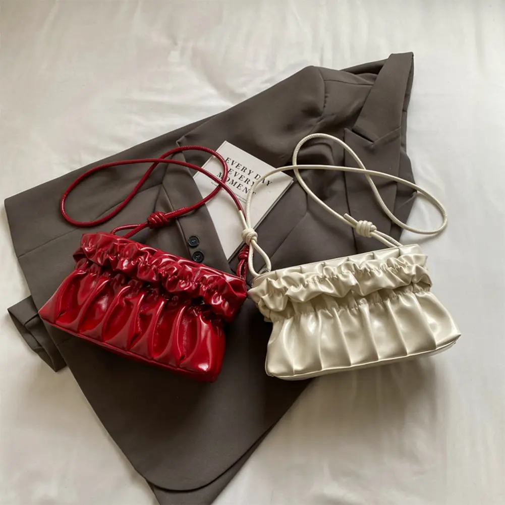 Women Shoulder Bag Adjustable Strap Square Bag Pleated PU Leather Satchel Purse Solid Color Hobo Bag for Commuting Travel