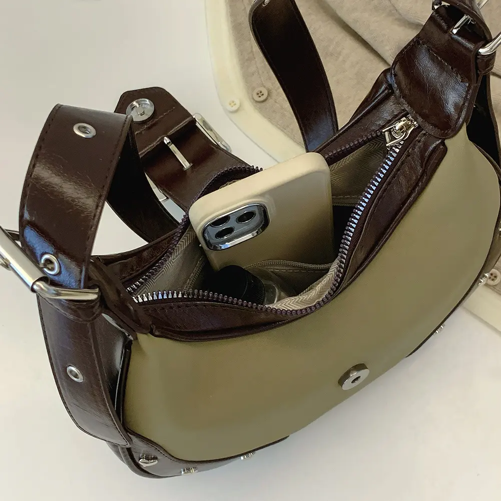 Shoulder Bag for Women with Rivet Underarm Bag PU Leather Adjustable Strap Crescent Bag with Inner Pocket Work Travel Bag
